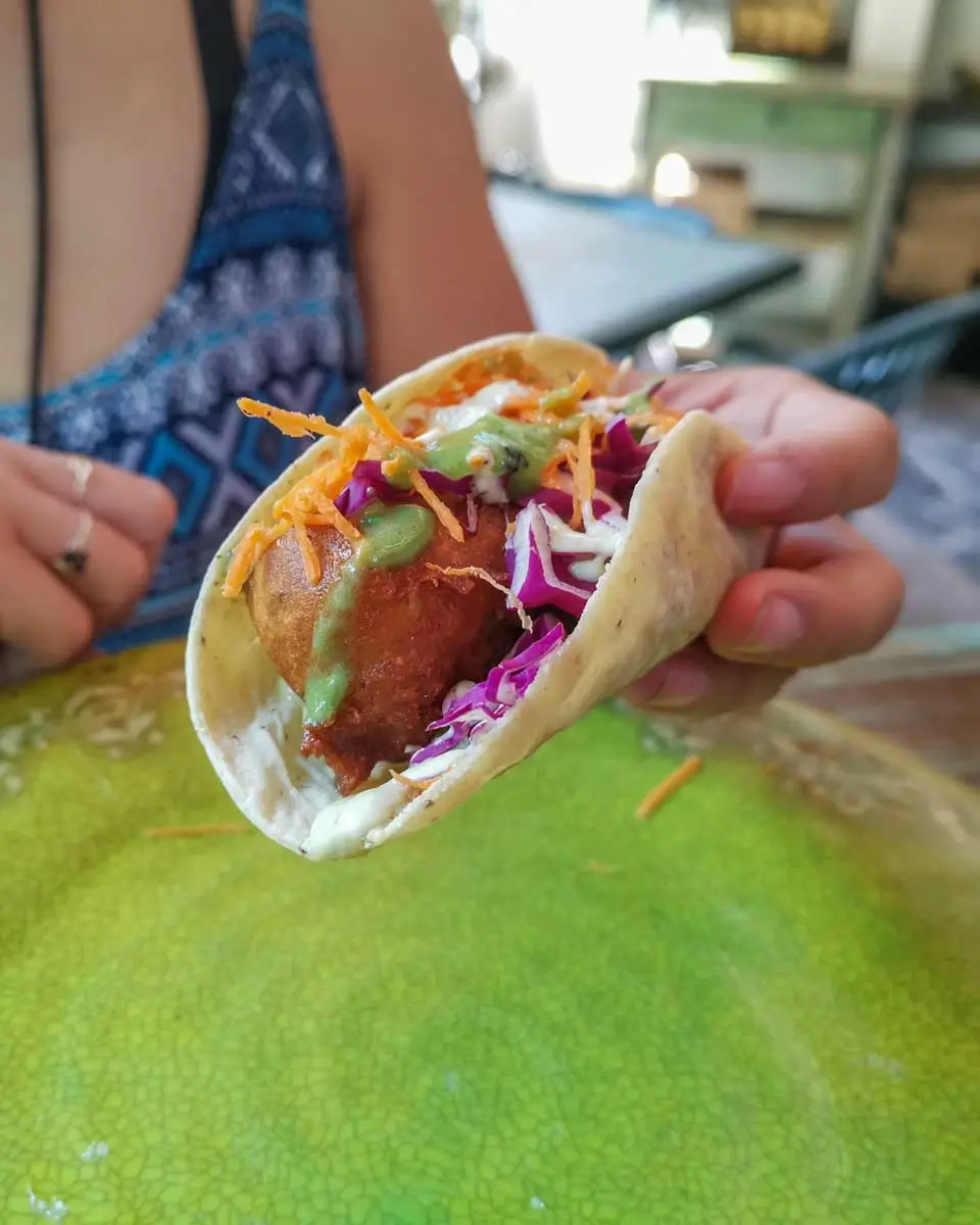 A person holds a fish taco in Siesta Key, Florida