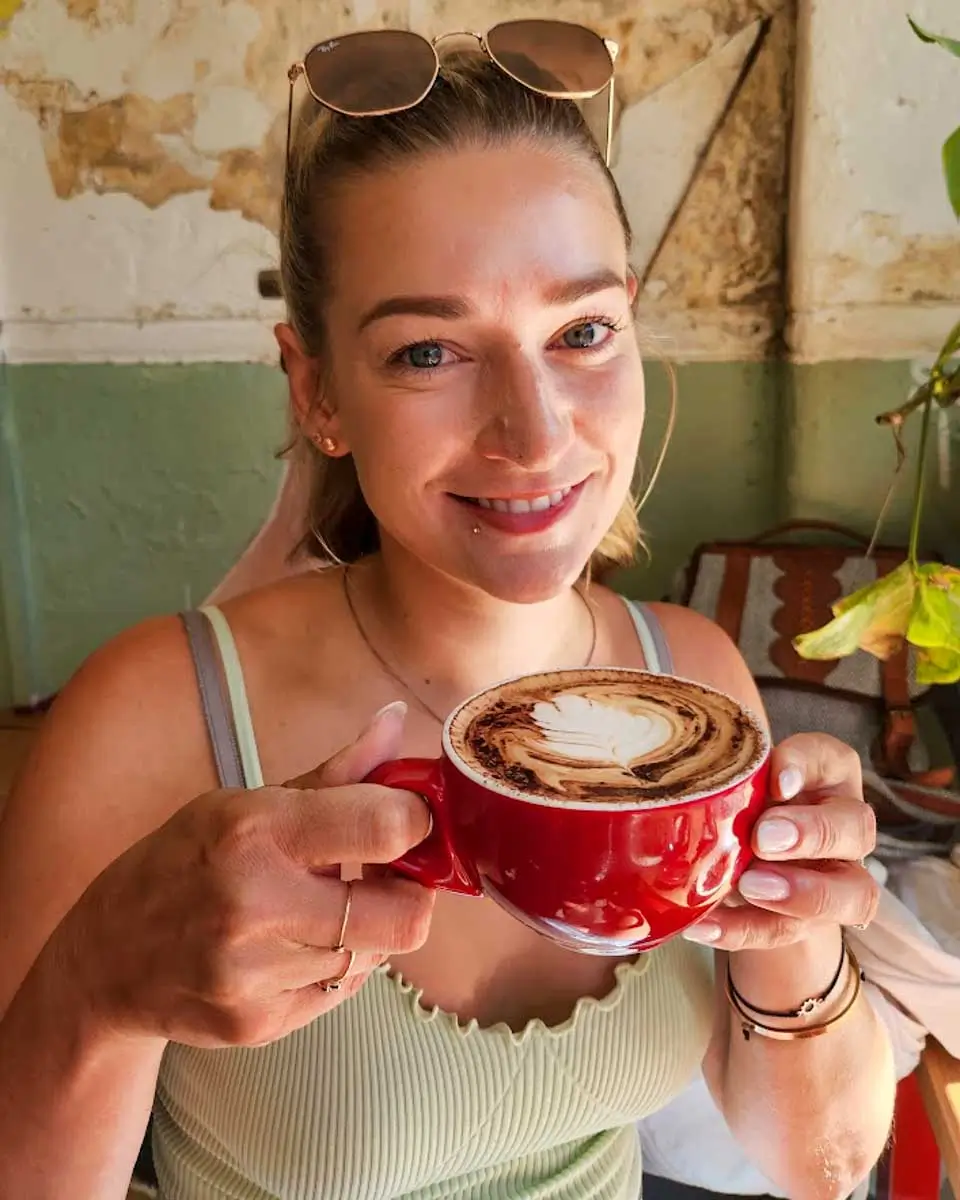 Bailey having coffee in Sydney, Australia