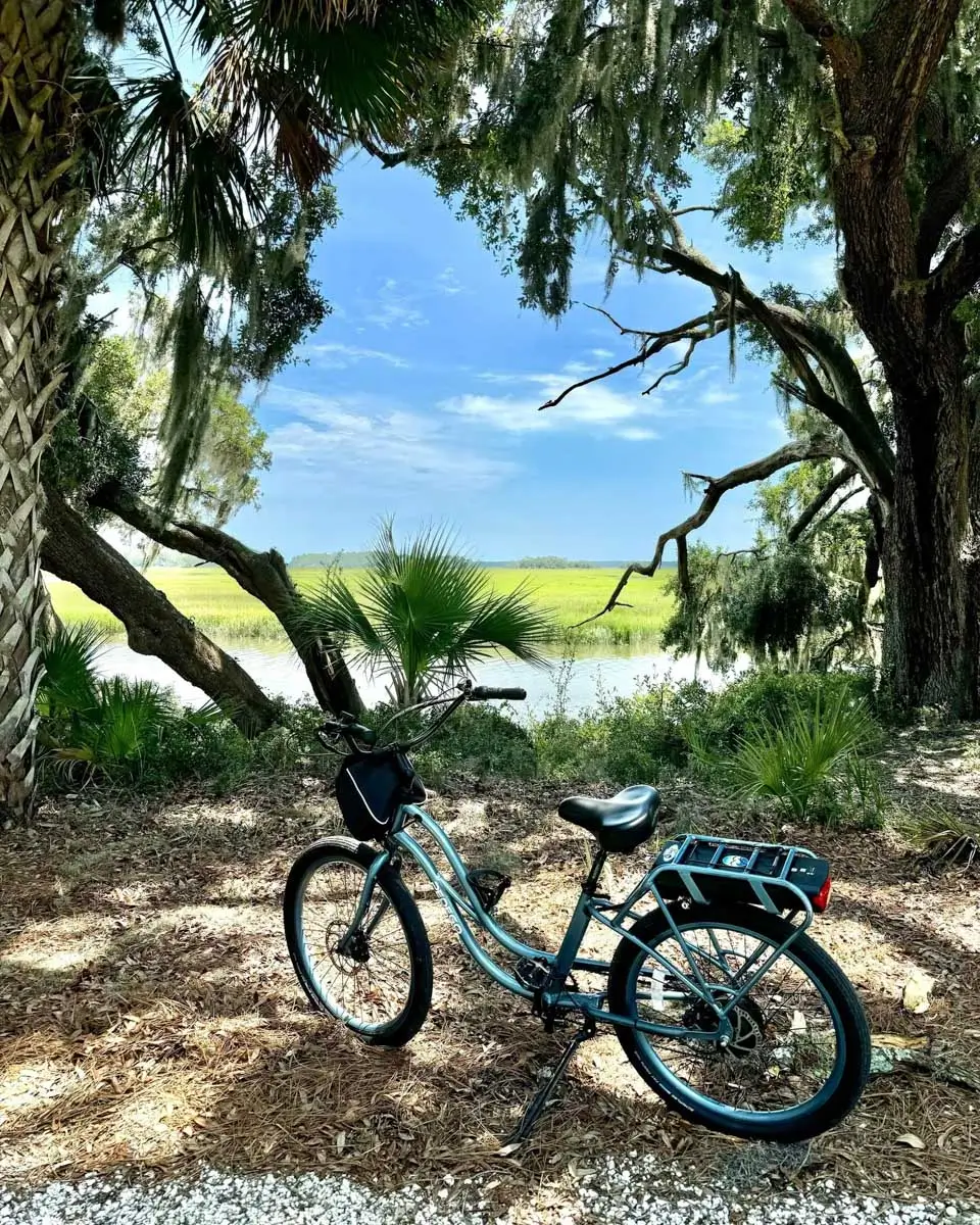 Bike standing near a river stream at Hilton Head Island, USA