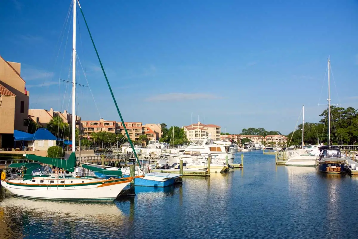 Boats in Shelter Cove Canal in Hilton Head, South Carolina