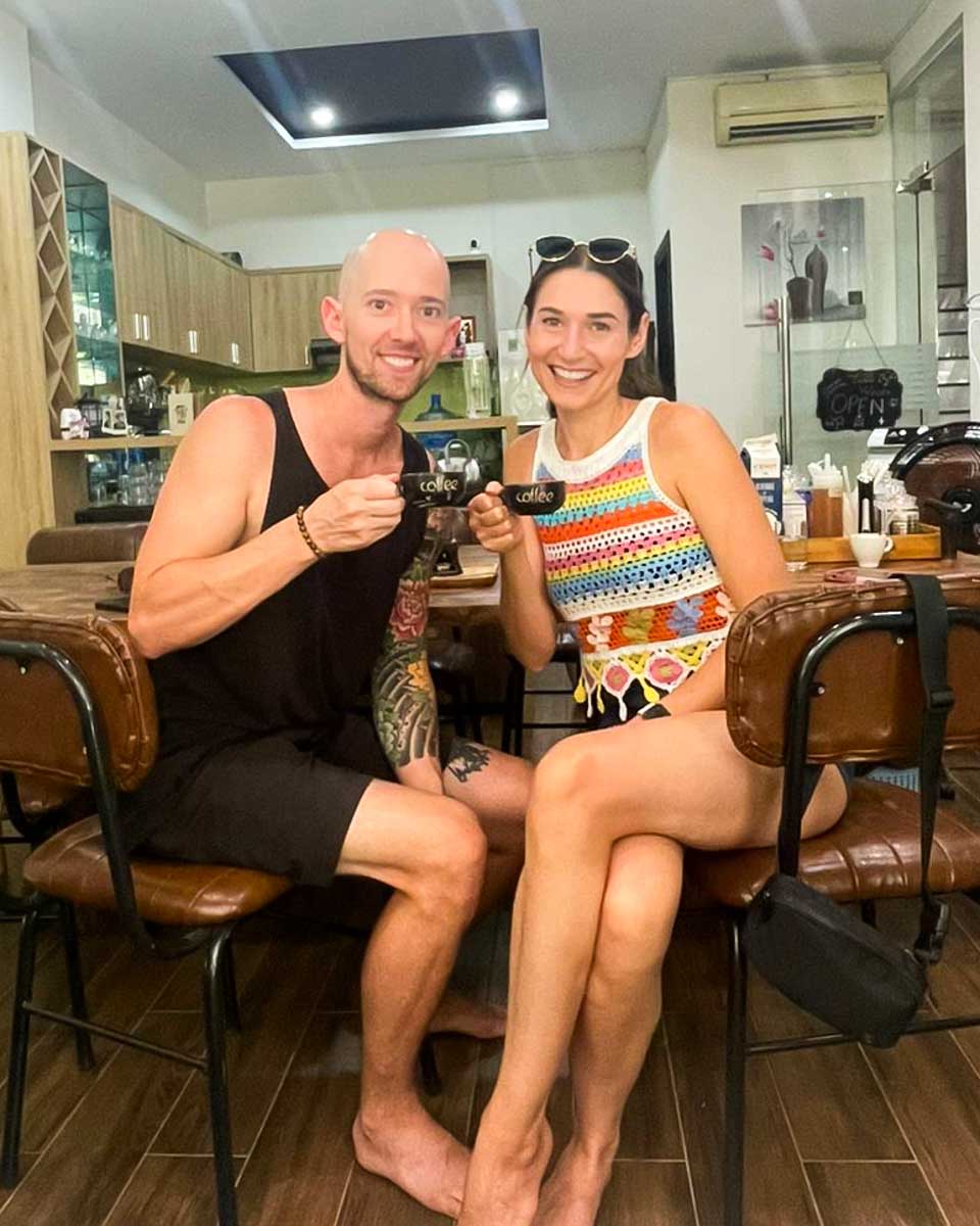 Brittni and Jesse drink Vietnamese coffee in Dalat, Vietnam