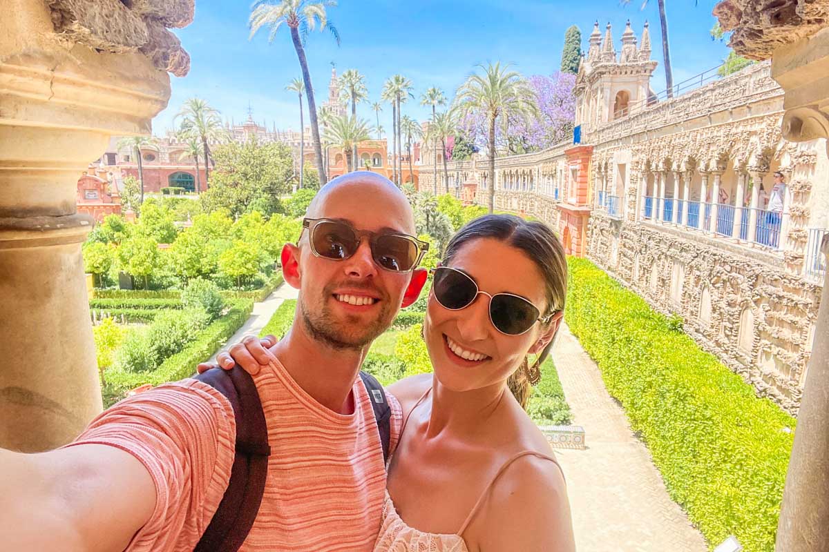 Brittni and Jesse take a selfie at the Royal Alcazar of Seville