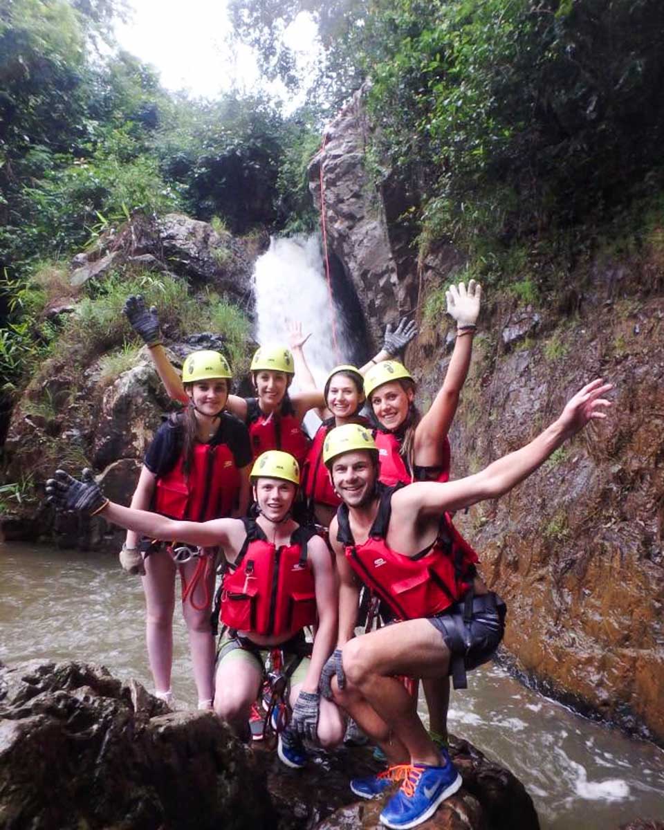 Brittni's canyoning group poses for a picture after the tour in Dalat, Vietnam