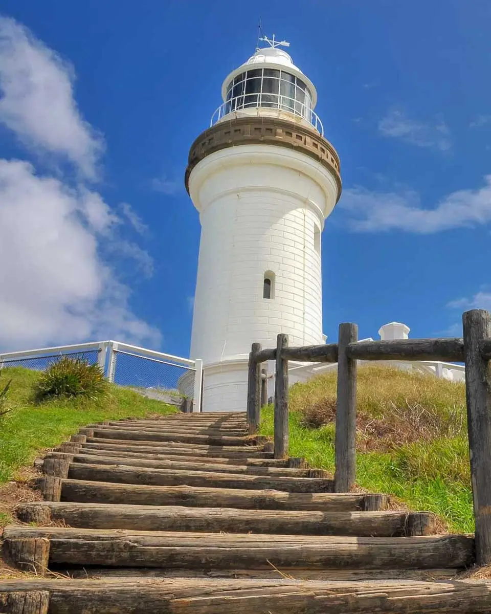 Cape Byron lighthouse with wooden stairs in Byron Bay Australia