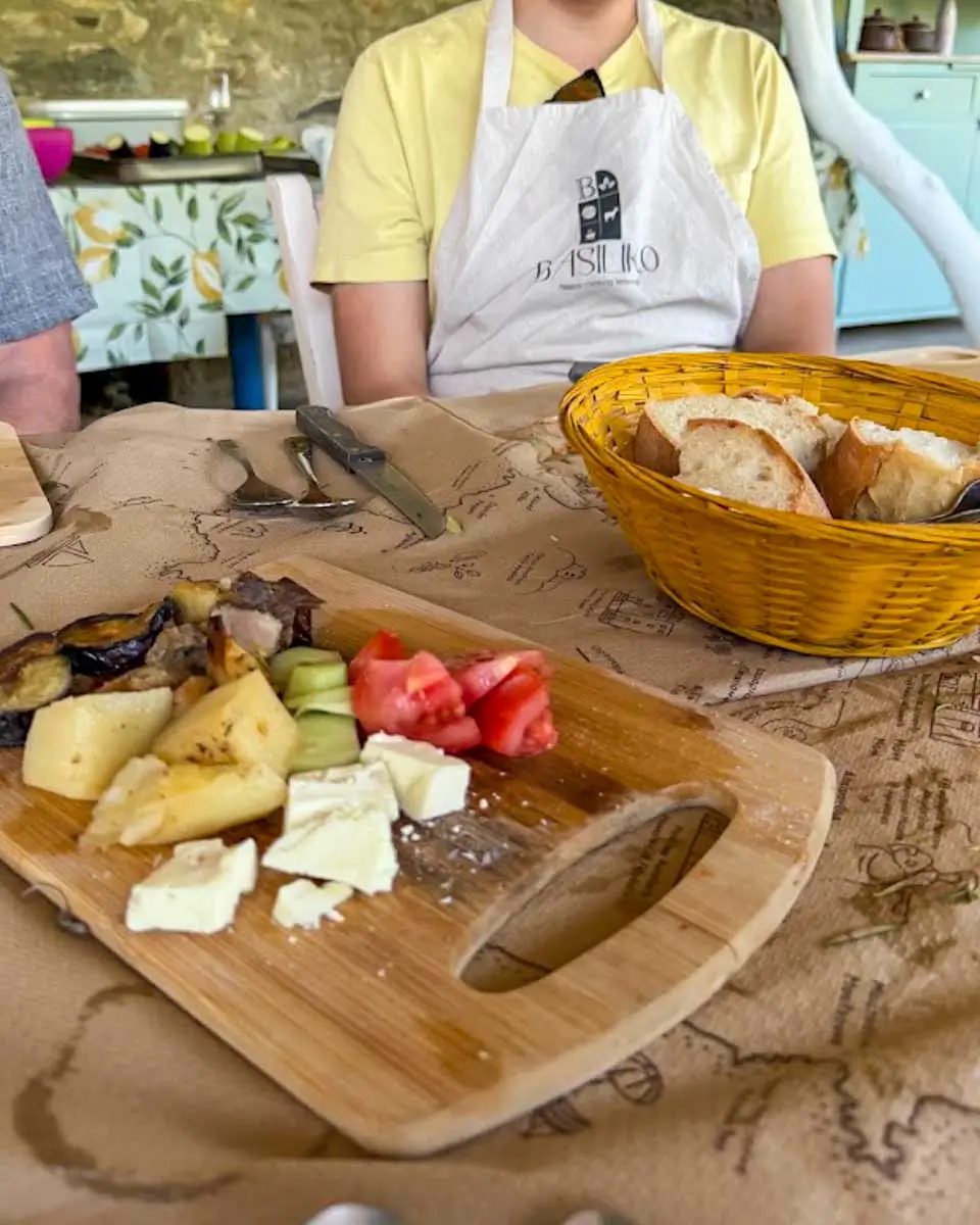 Cheese and bread served during the cooking class in Naxos, Greece