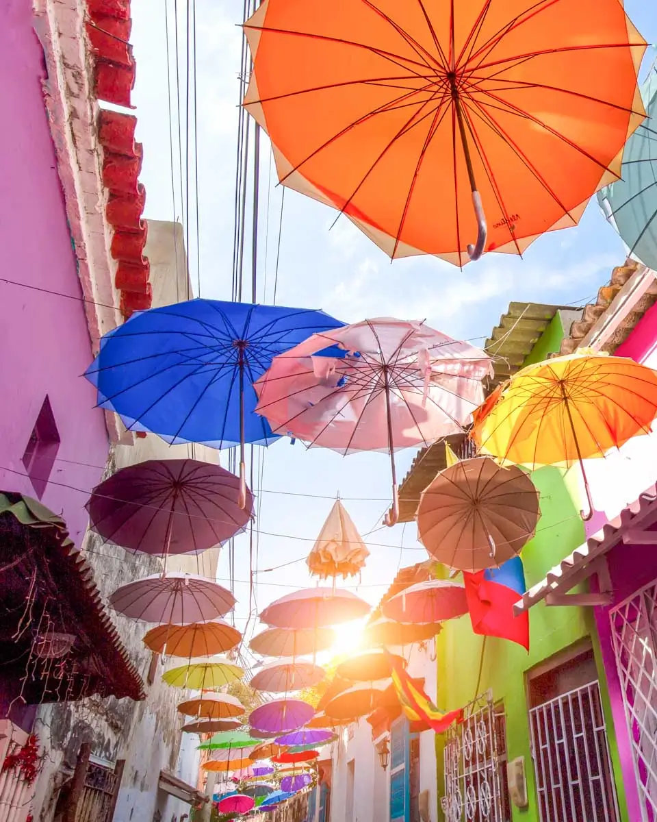 Colorful umbrellas in GetsemanÃ, Cartagena, Colombia