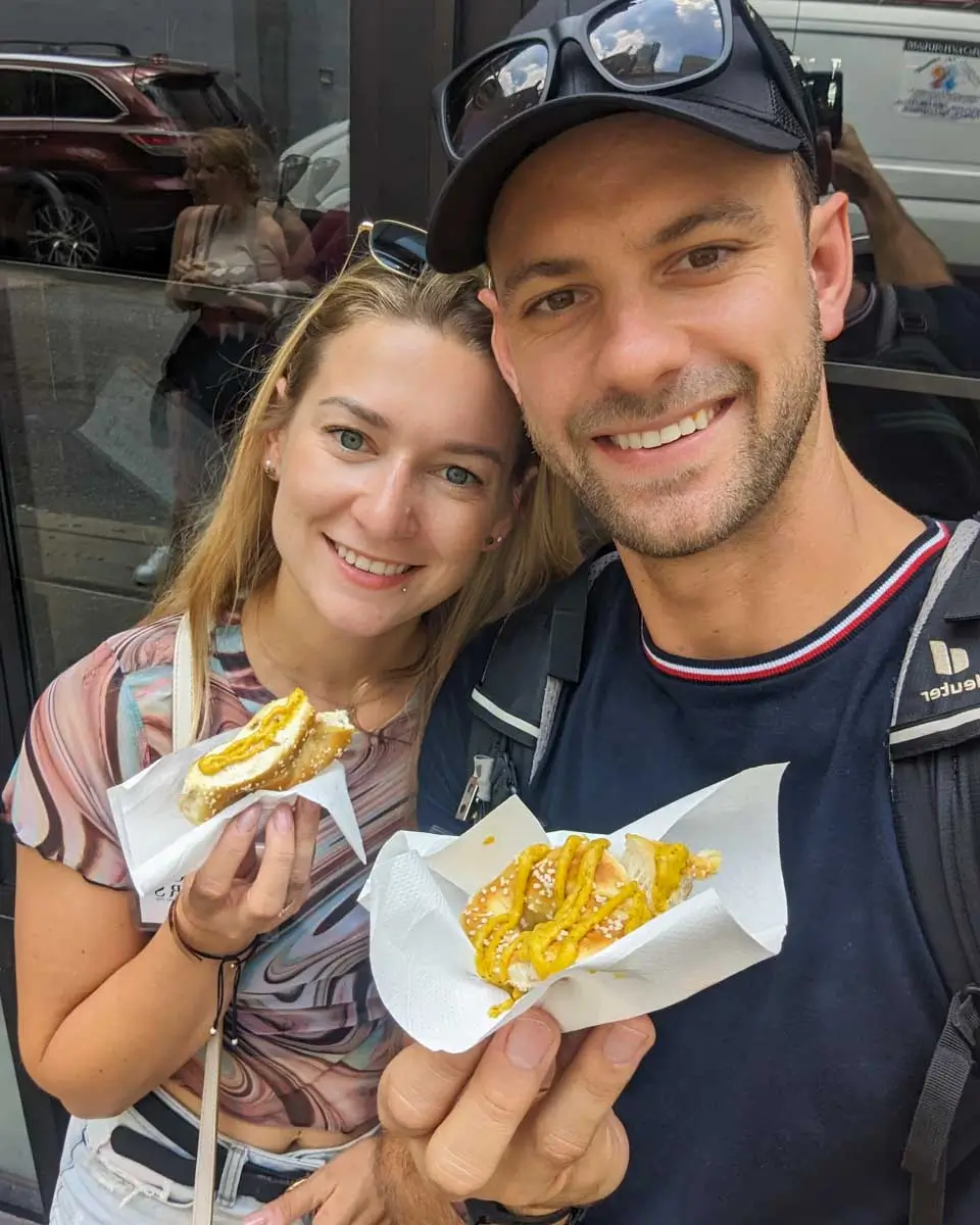 Daniel-and-Bailey-eat-a-pretzel in Providence, Rhode Island