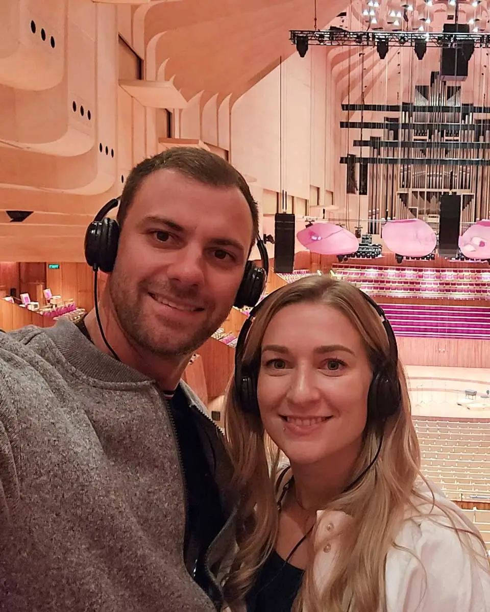 Daniel and Bailey inside Sydney Opera House, Australia