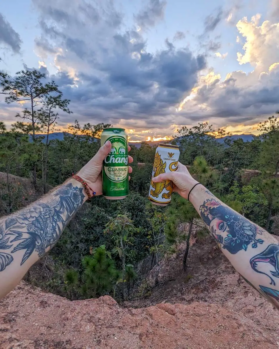 Evan and Meghan enjoy Thai beers in Pai Canyon, Pai, Thailand