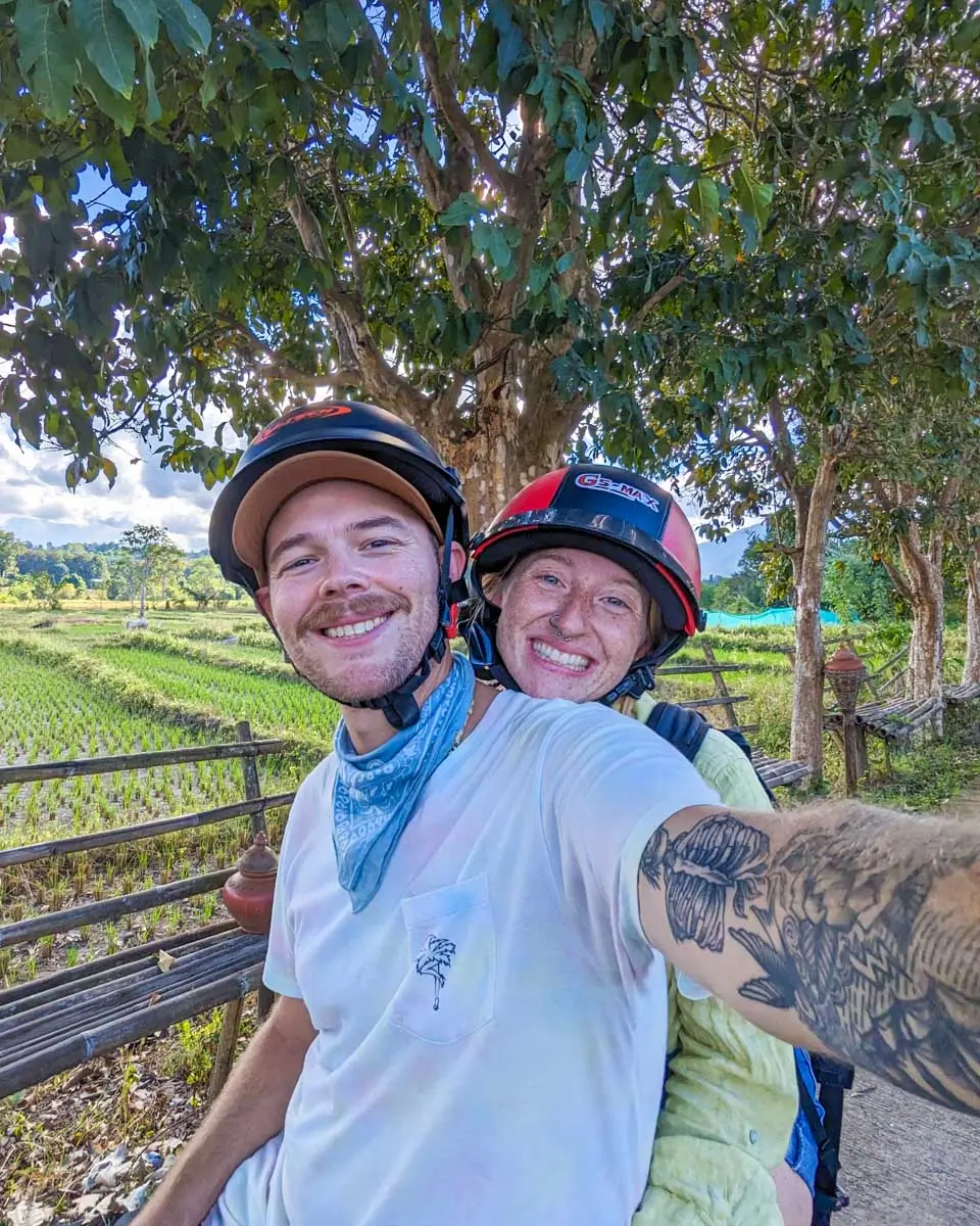 Evan and Meghan on a scooter in Pai, Thailand