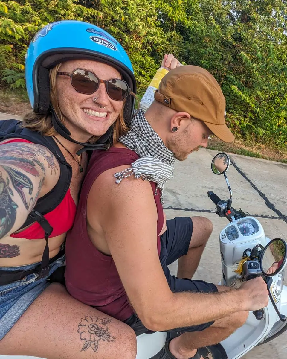 Evan and Meghan on a scooter on Koh Rong, Cambodia