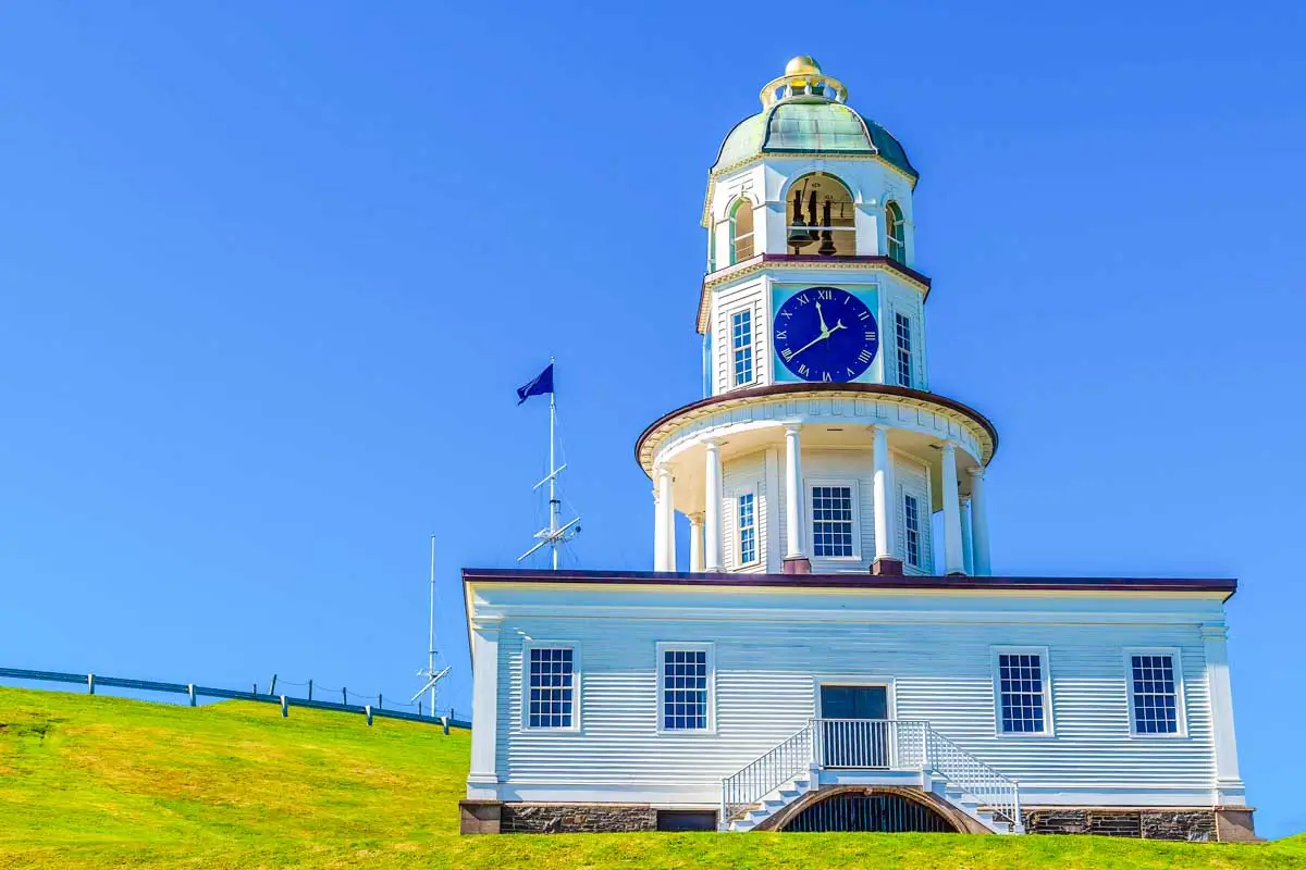 Looking up at the Clock Tower on a sunny day in Halifax, Nova Scotia