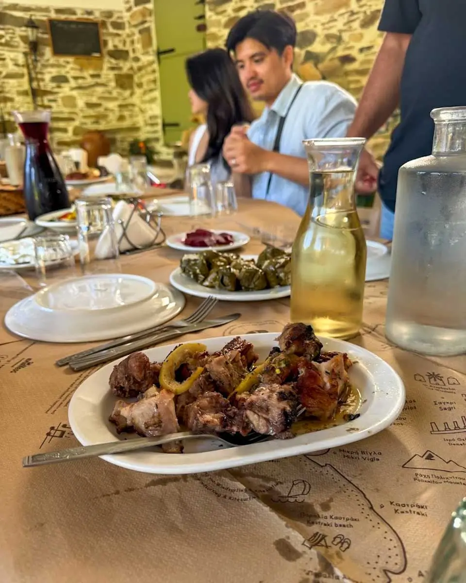 Meat served after the cooking class in Naxos, Greece