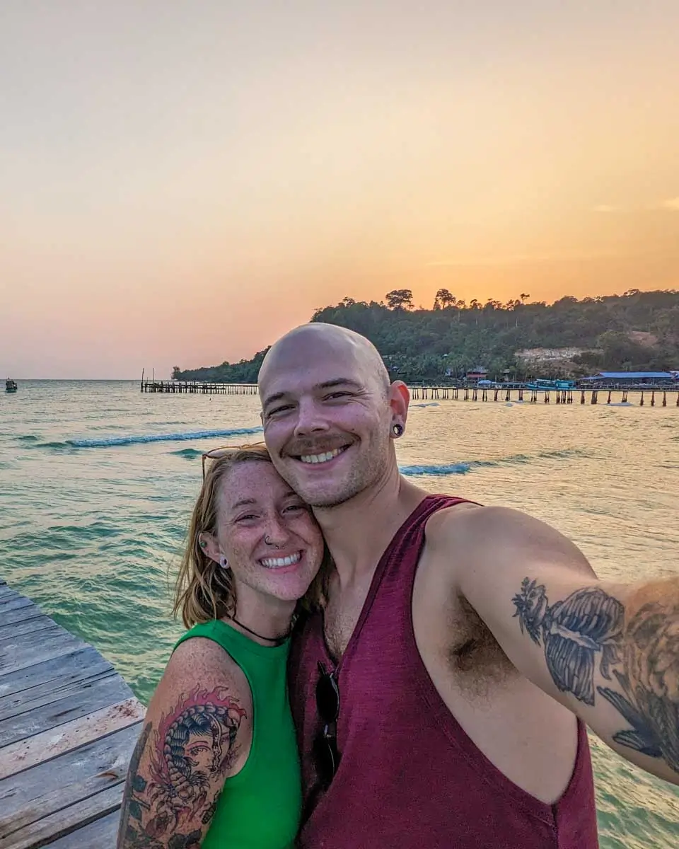 Meghan and Evan take a selfie on Long Beach during sunset on Koh Rong, Cambodia
