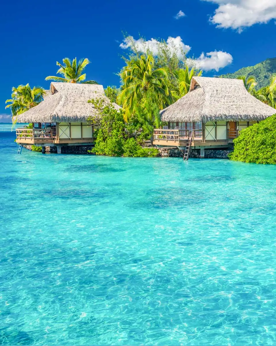 Overwater villas in lagoon of Moorea, French Polynesia