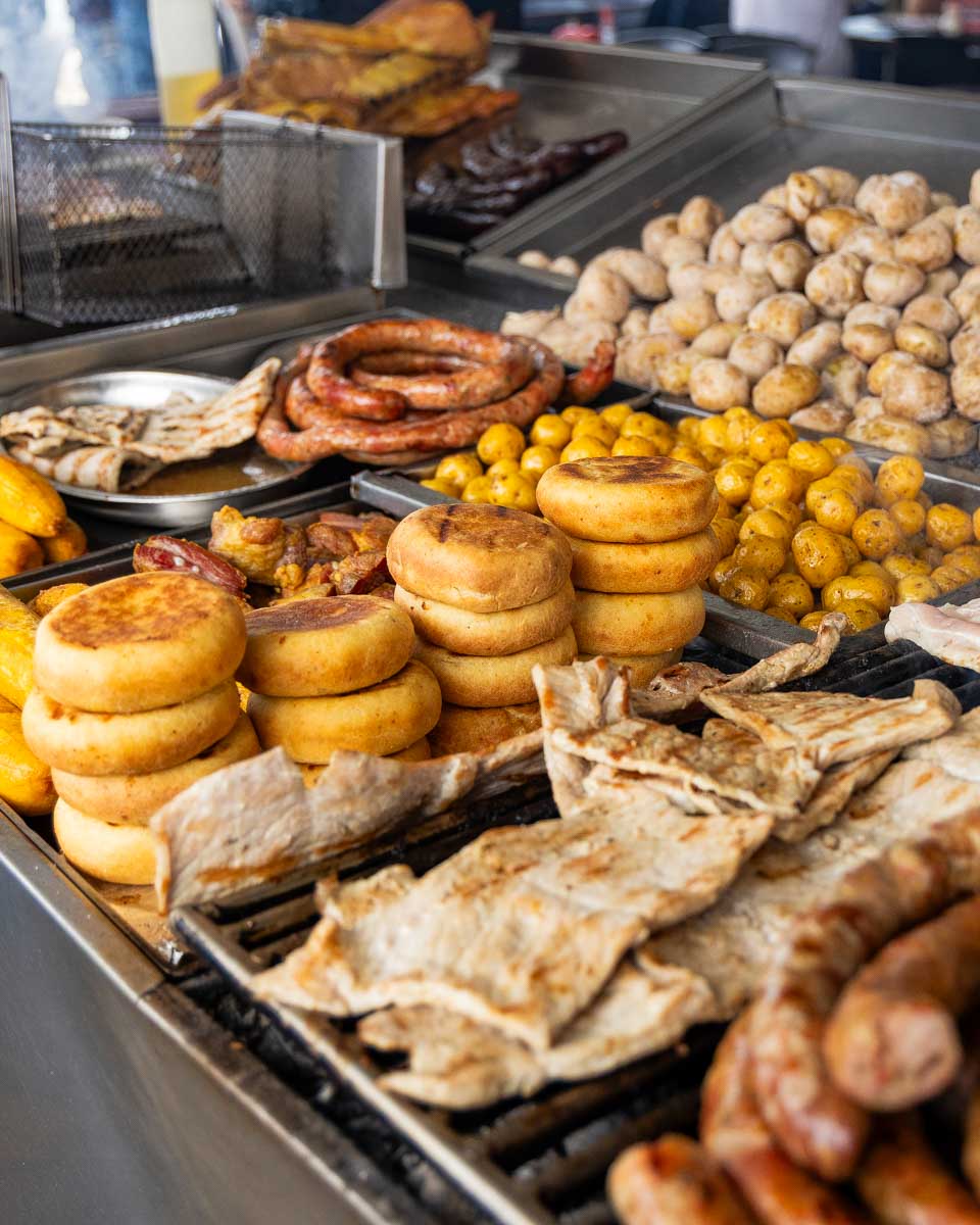 Street-food-with-meat-plantin-bread-and-other-items-eaten-in-Getsemani-Cartagena-Colombia