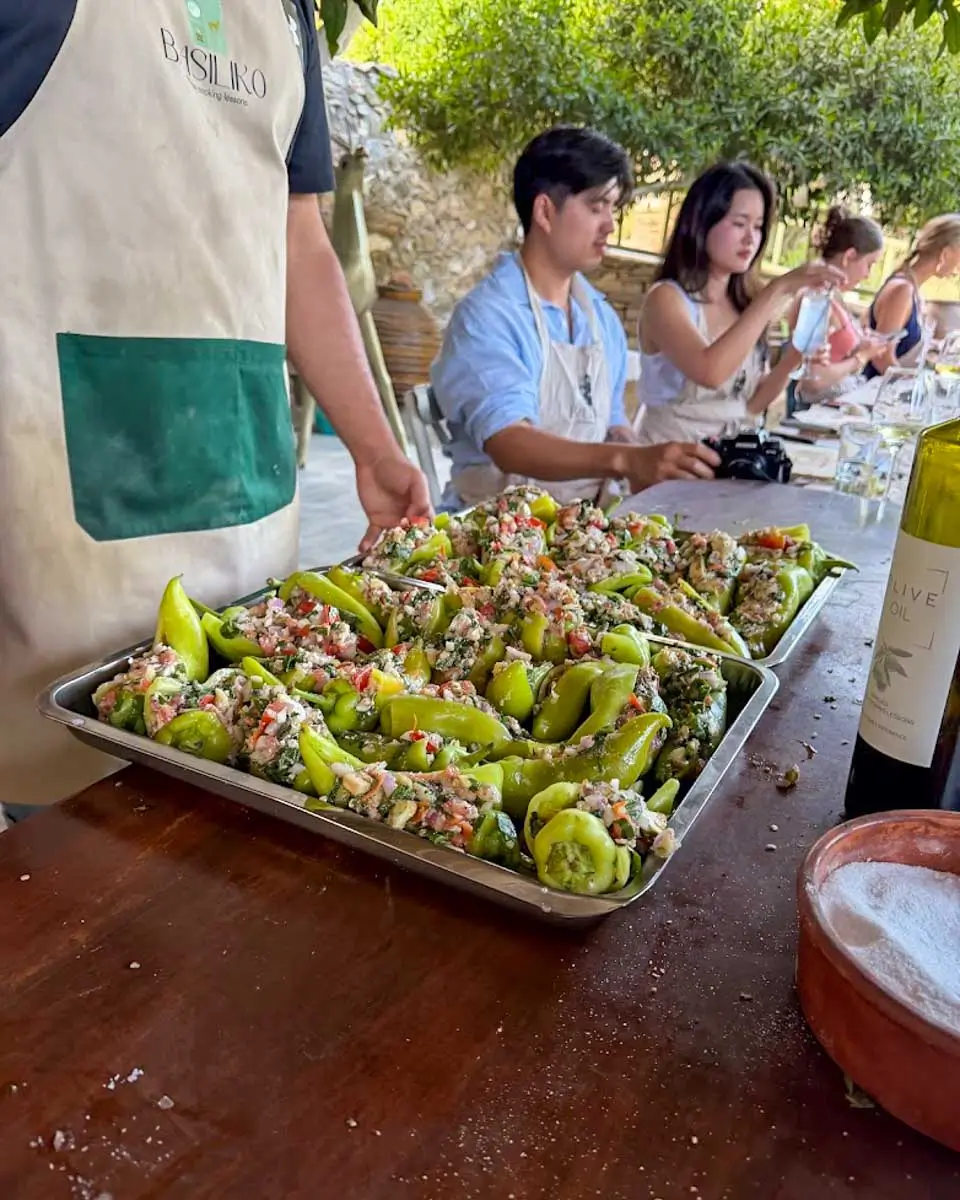 Stuffed peppers ready to cook at a cooking class in Naxos, Greece