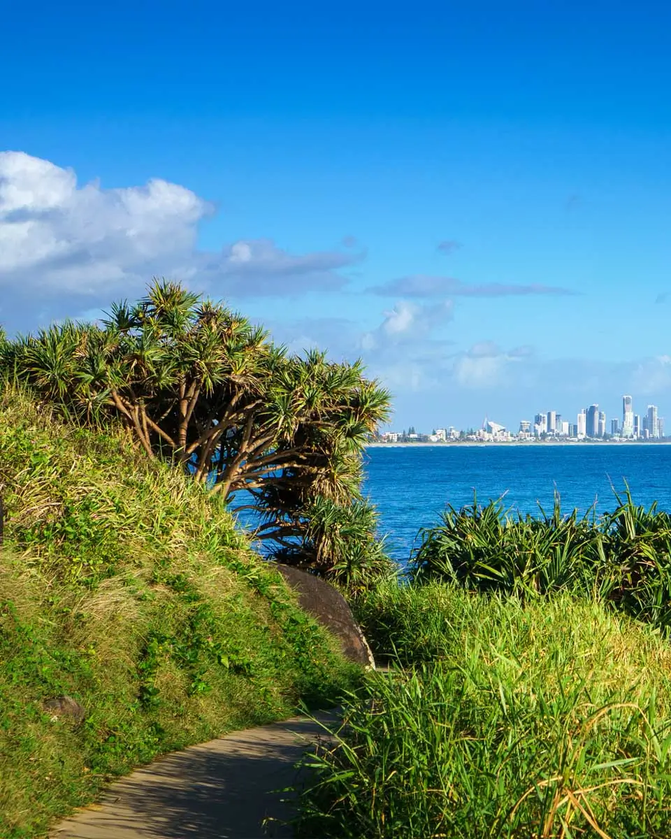 Stunning view of the Gold Coast skyline and surfing beach, visible from the walking track at Burleigh Heads Park, Australia