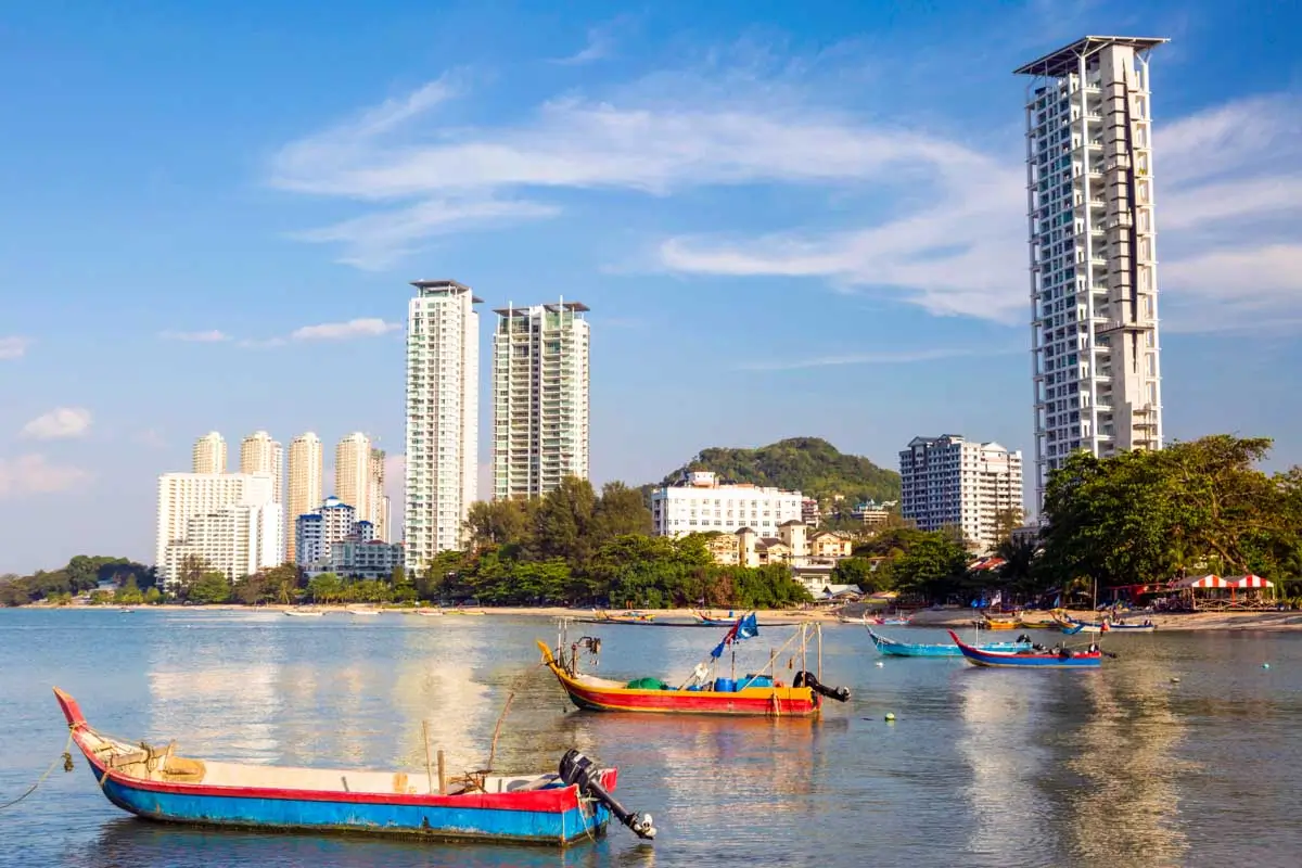 The area of Tanjung Bungah and fishing boats in Penang, Malaysia