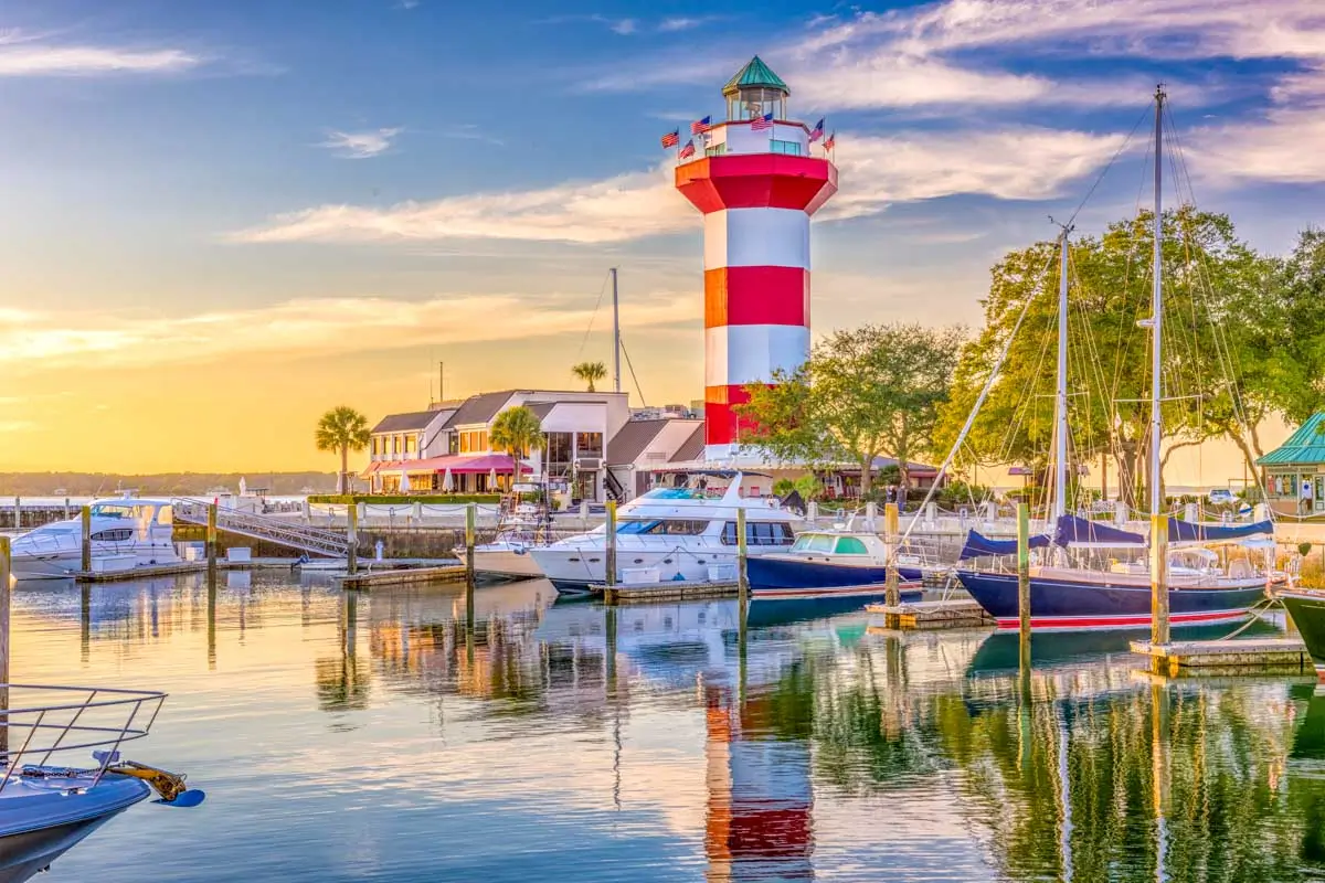 The lighthouse in Harbour Town at dusk in Hilton Head, South Carolina