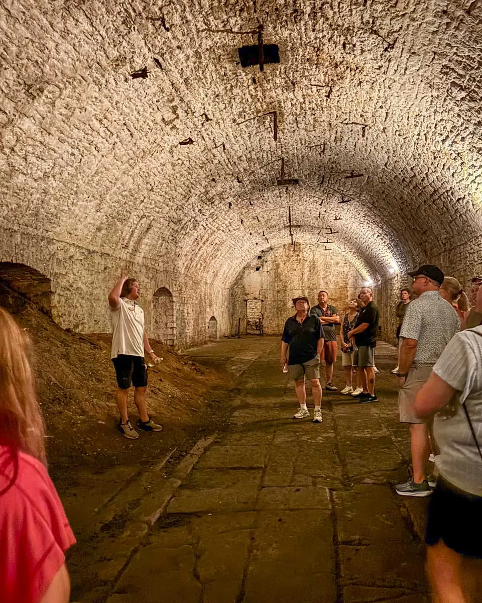 The tour guide during the underground beer tunnels in Cincinnati, Ohio