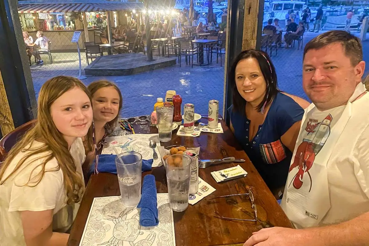 Theresa enjoying dinner with family at The Crazy Crab in Harbour Town, Hilton Head Island USA