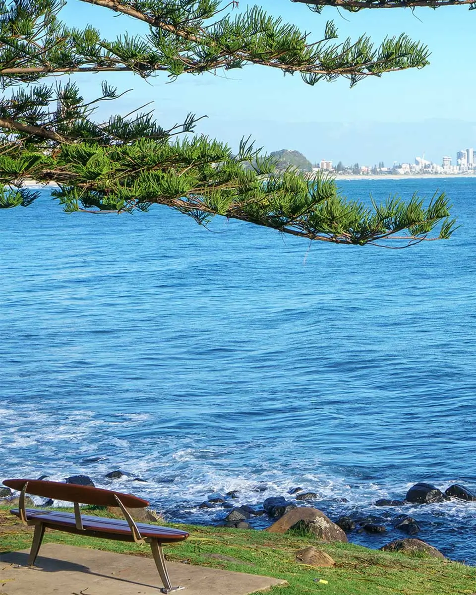 View of the Gold Coast skyline visible from the walking track at Burleigh Heads Park, Australia