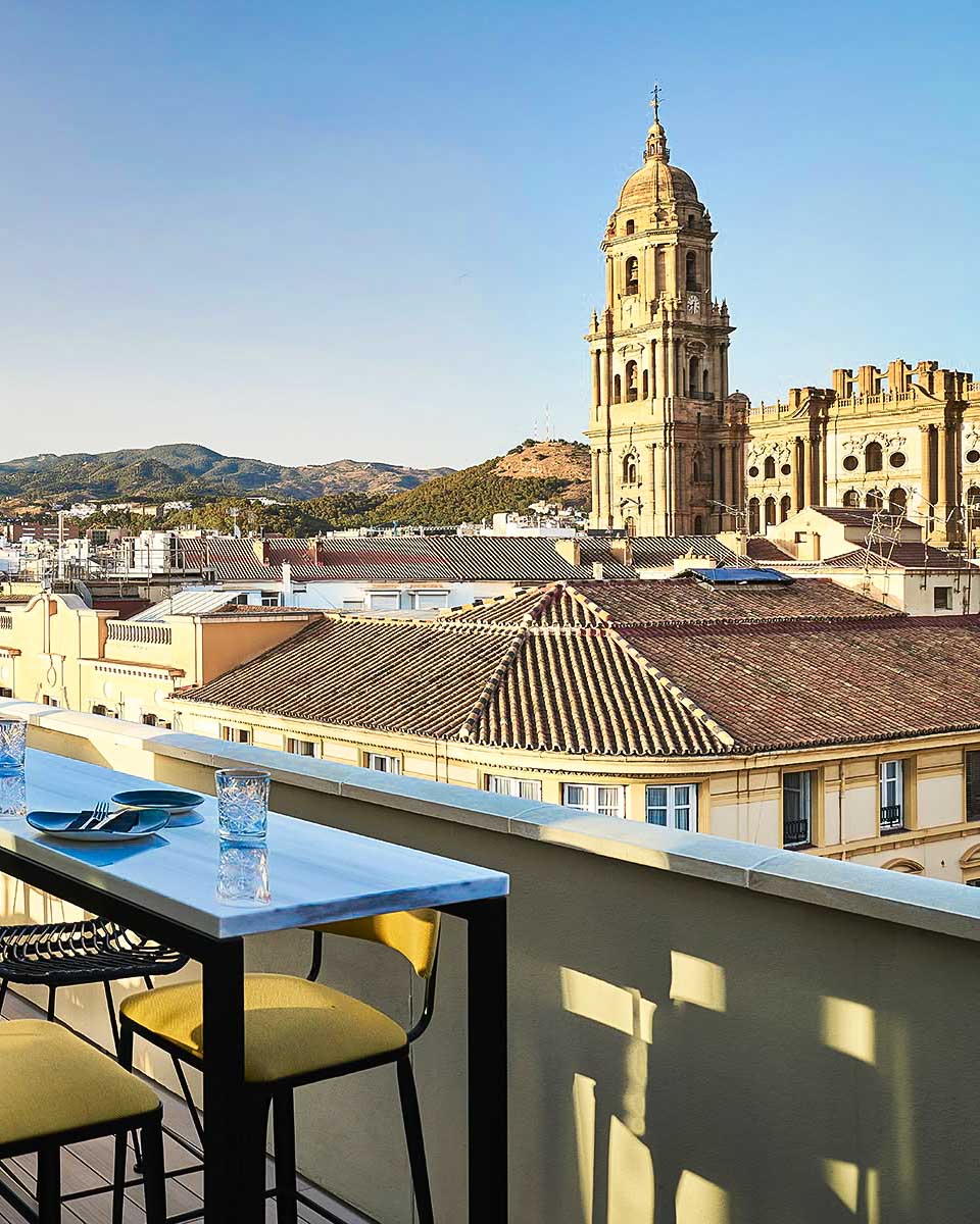 View of the Malaga Cathedral from the rooftop patio at Vincci Larios Diez_