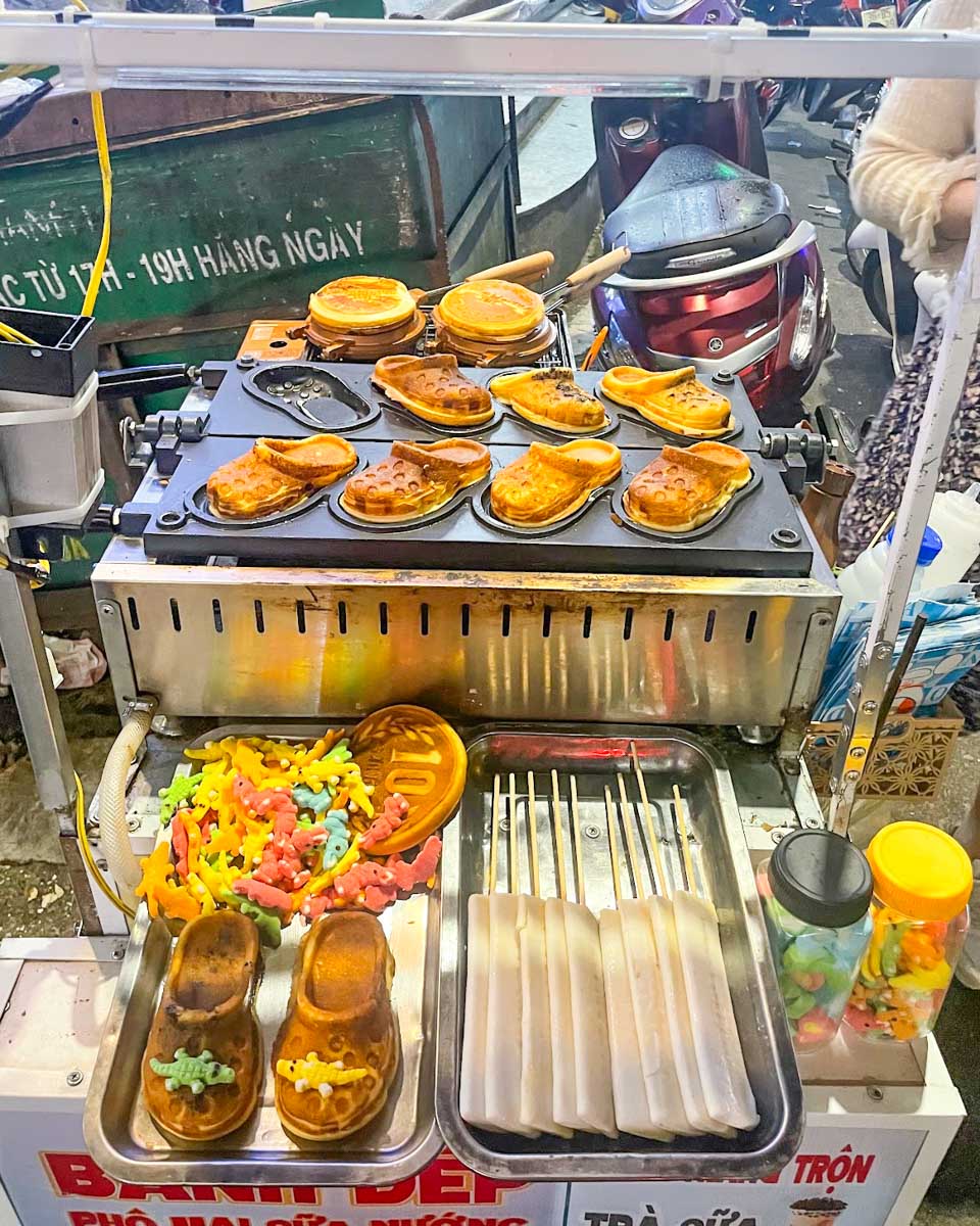 Waffles in the shape of Crocs made at the Dalat Night Market