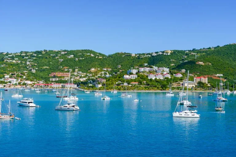 White boats and catamarans in the harbor of St. Thomas U.S. Virgin Islands Charlotte Amalie