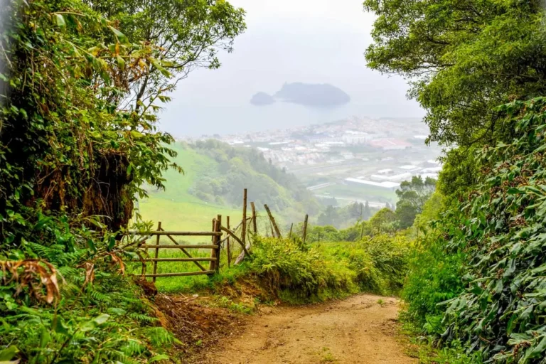 A trail overlooking Vila Franca Village in Sao Miguel, Portugal