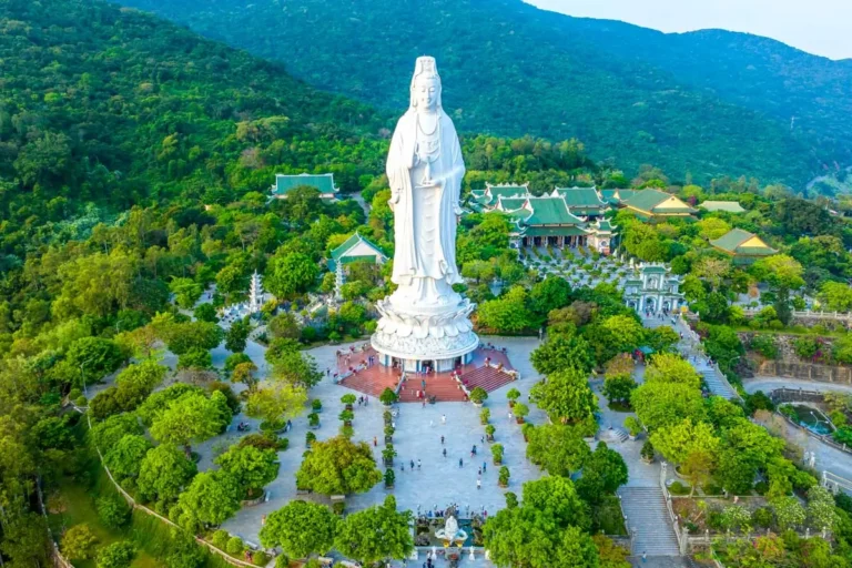 Aerial view of Ling Ung pagoda, Son Tra peninsula, Da Nang, Vietnam