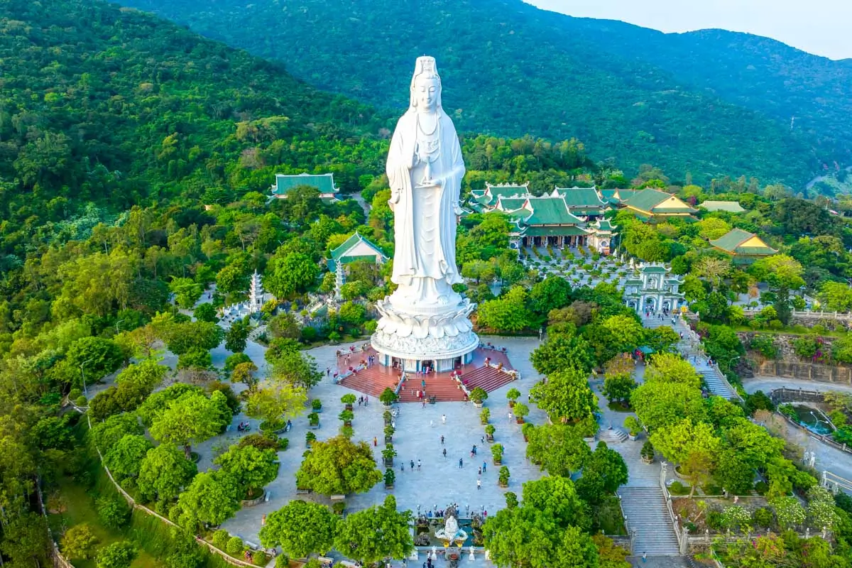 Aerial view of Ling Ung pagoda, Son Tra peninsula, Da Nang, Vietnam