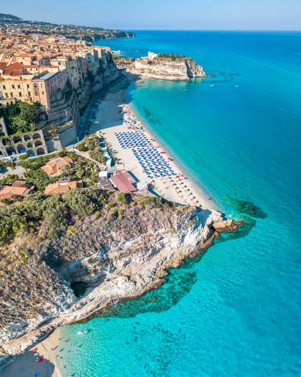 Aerial view of Tropea, Italy and blue water