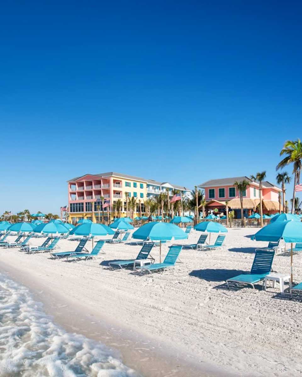 Beach with sun chairs at Margaritaville Beach Resort Fort Myers Beach