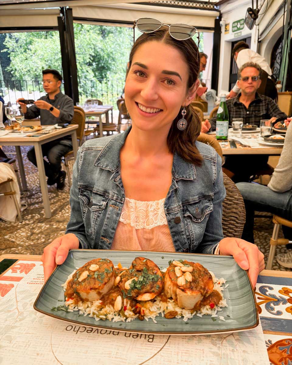 Brittni and her food at Restaurant Jardines Alberto in Granada