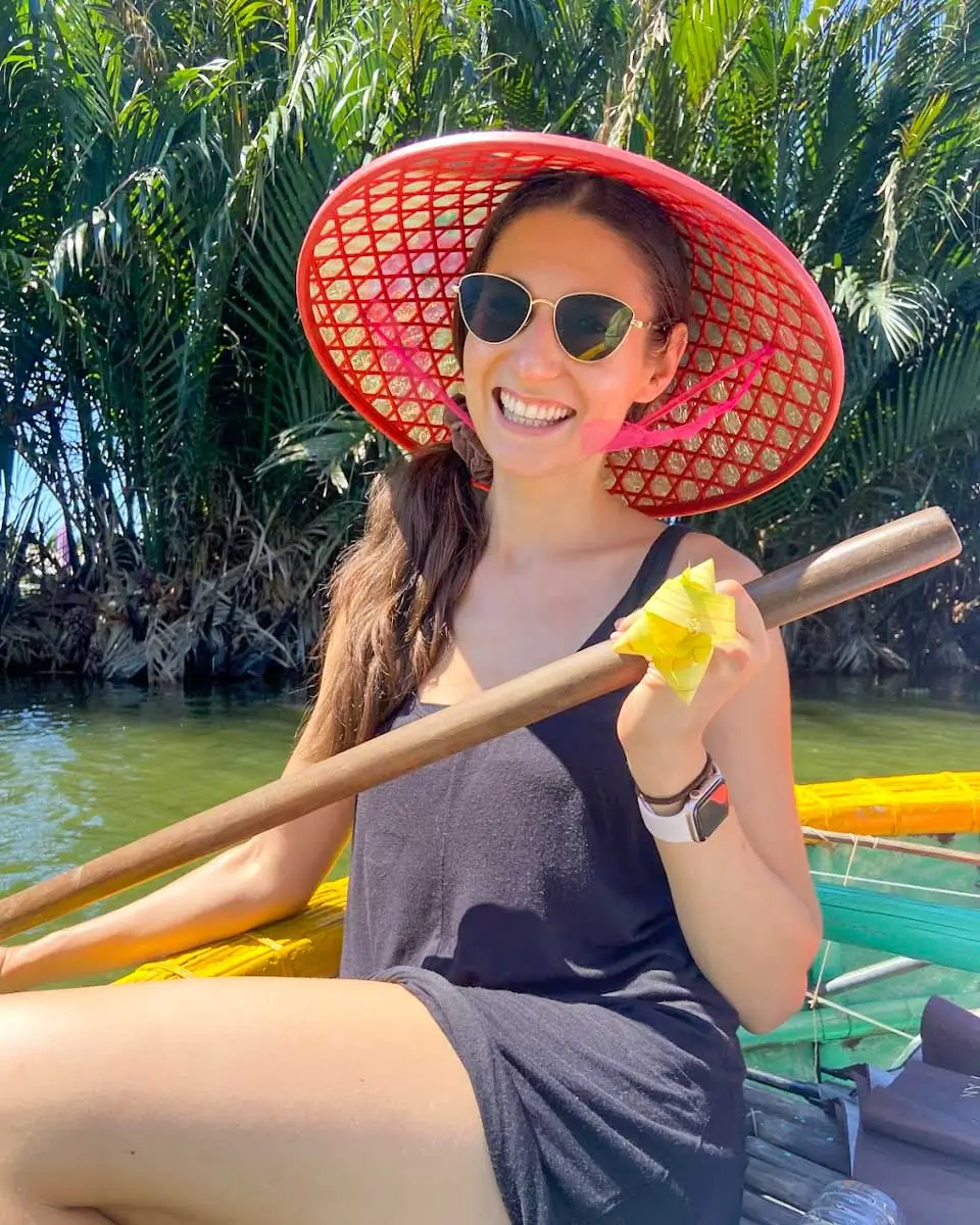 Brittni on a coconut basket boat ride in Hoi An, Vietnam