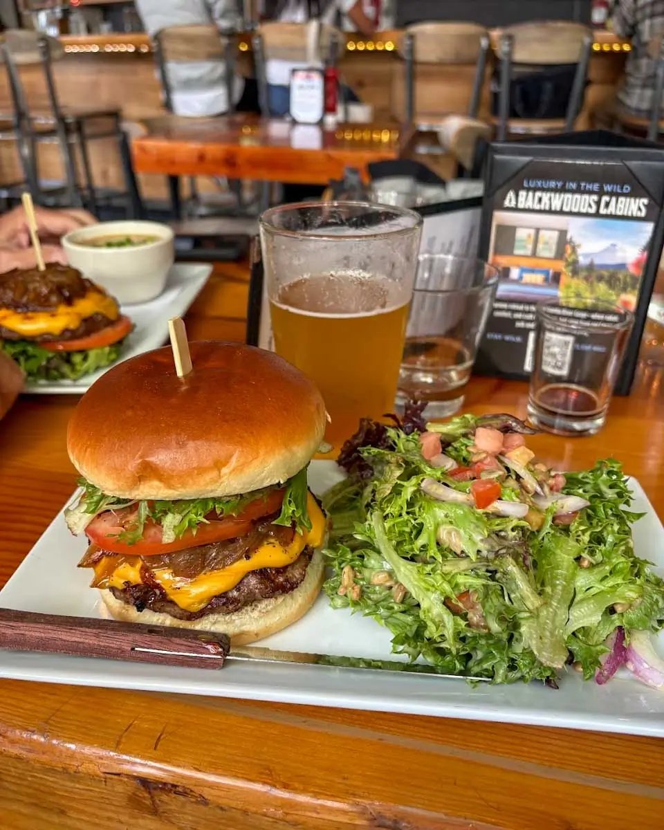 Burger, salad and beer at Backwoods Brewing in Portland, Oregon