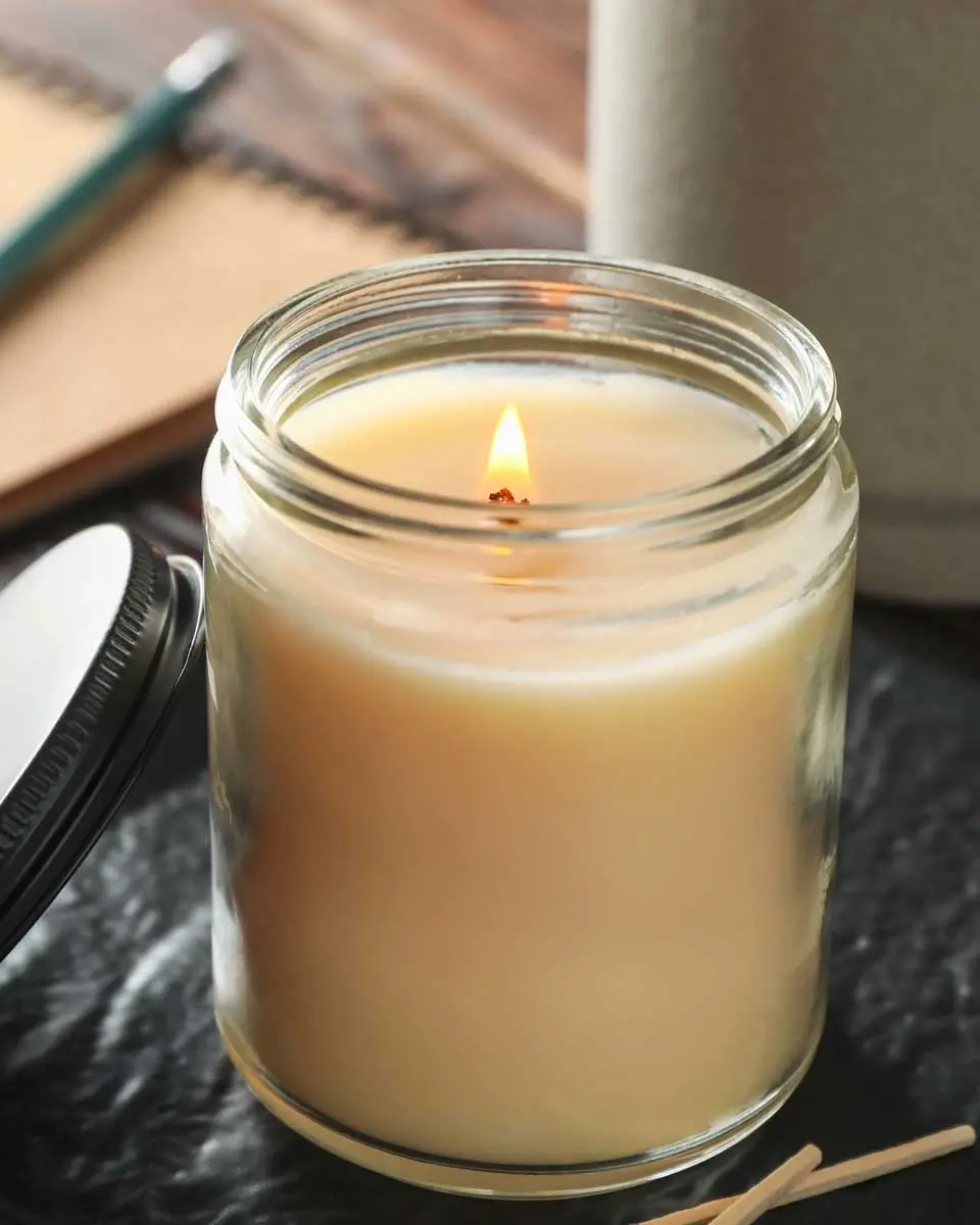 Burning candle in glass jar during a candle making class in Virginia Beach, Virginia