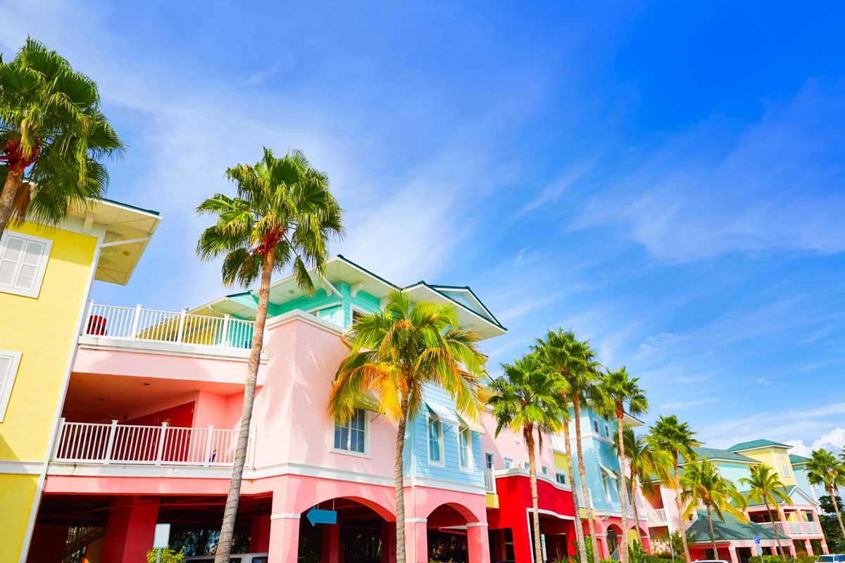 Colorful houses and palm trees in Florida Fort Myers