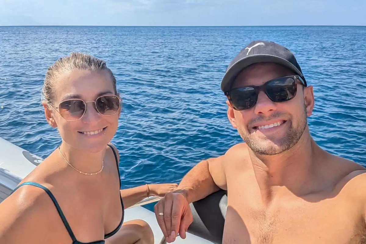 Daniel and Bailey on a boat off the coast of Tropea, Italy