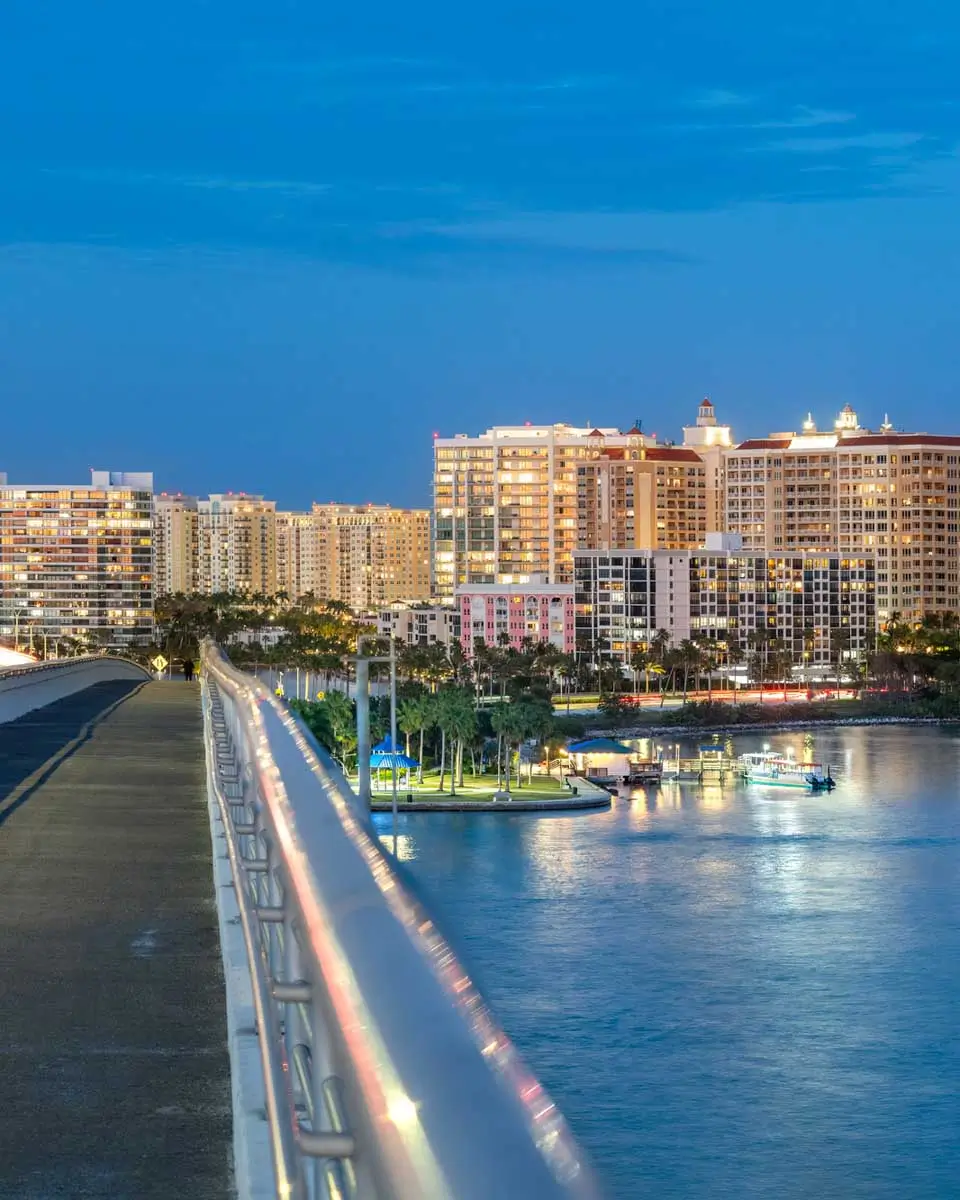 View of Downtown Sarasota with bayfront walkway on right in Sarasota, Florida