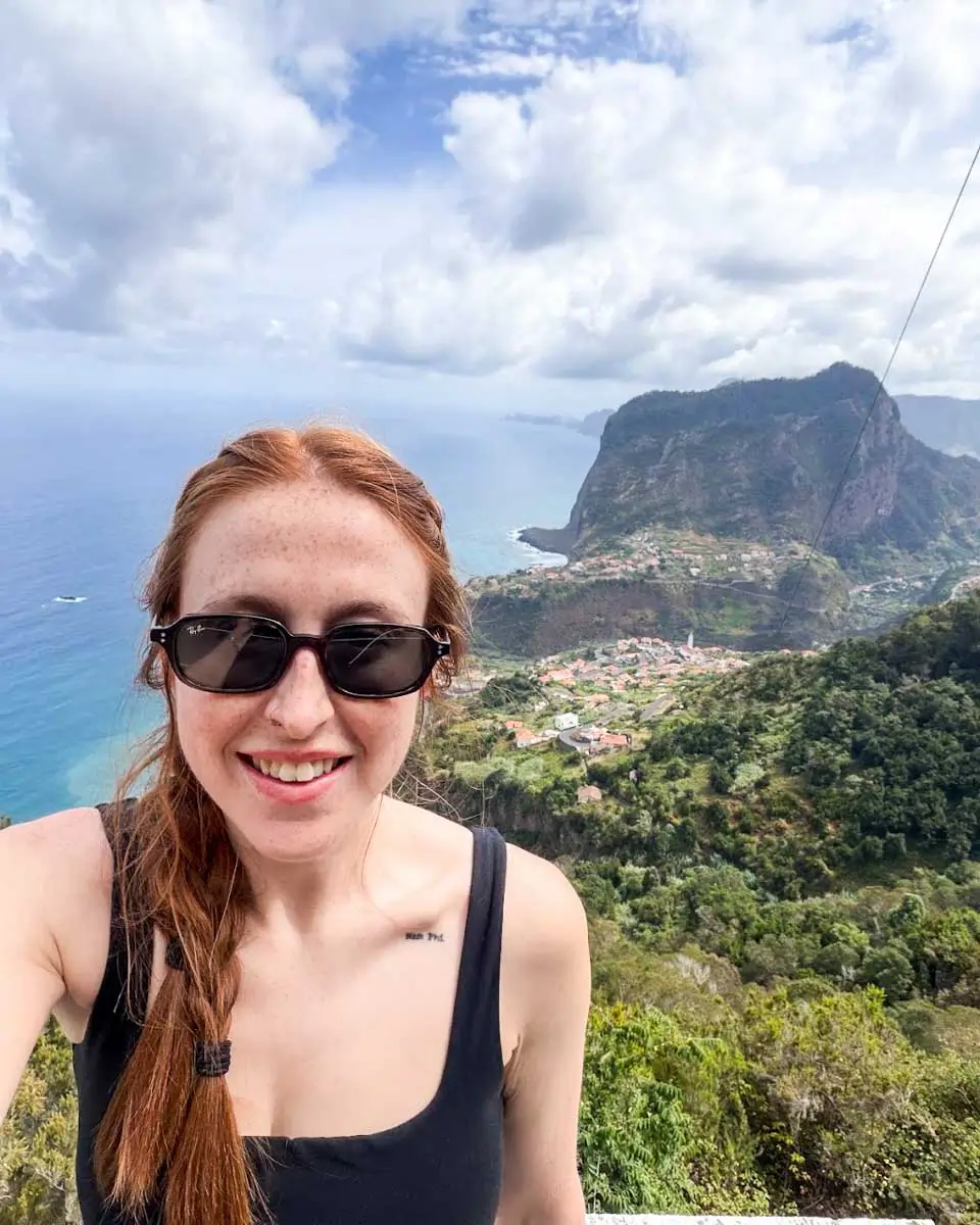 Hannah taking a selfie at a viewpoint, Madeira, Portugal