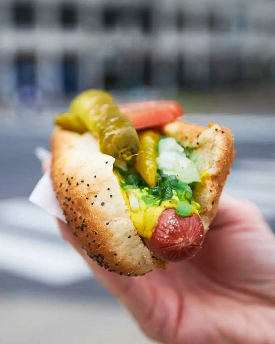 Hot dog sandwich eaten on a food tour in Tucson, Arizona