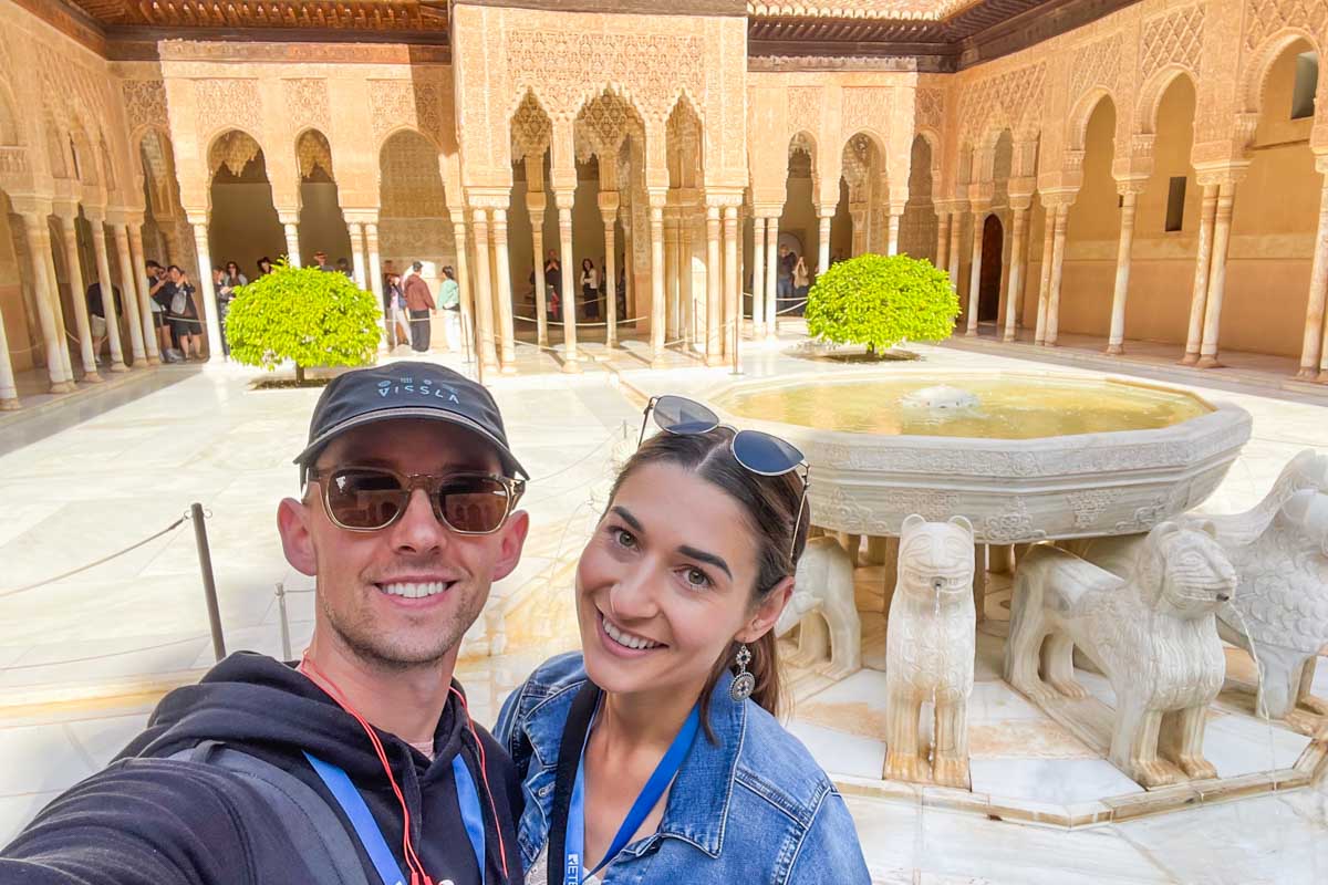 Jesse and Brittni take a selfie with the Lion fountain at the Alhambra in Granada