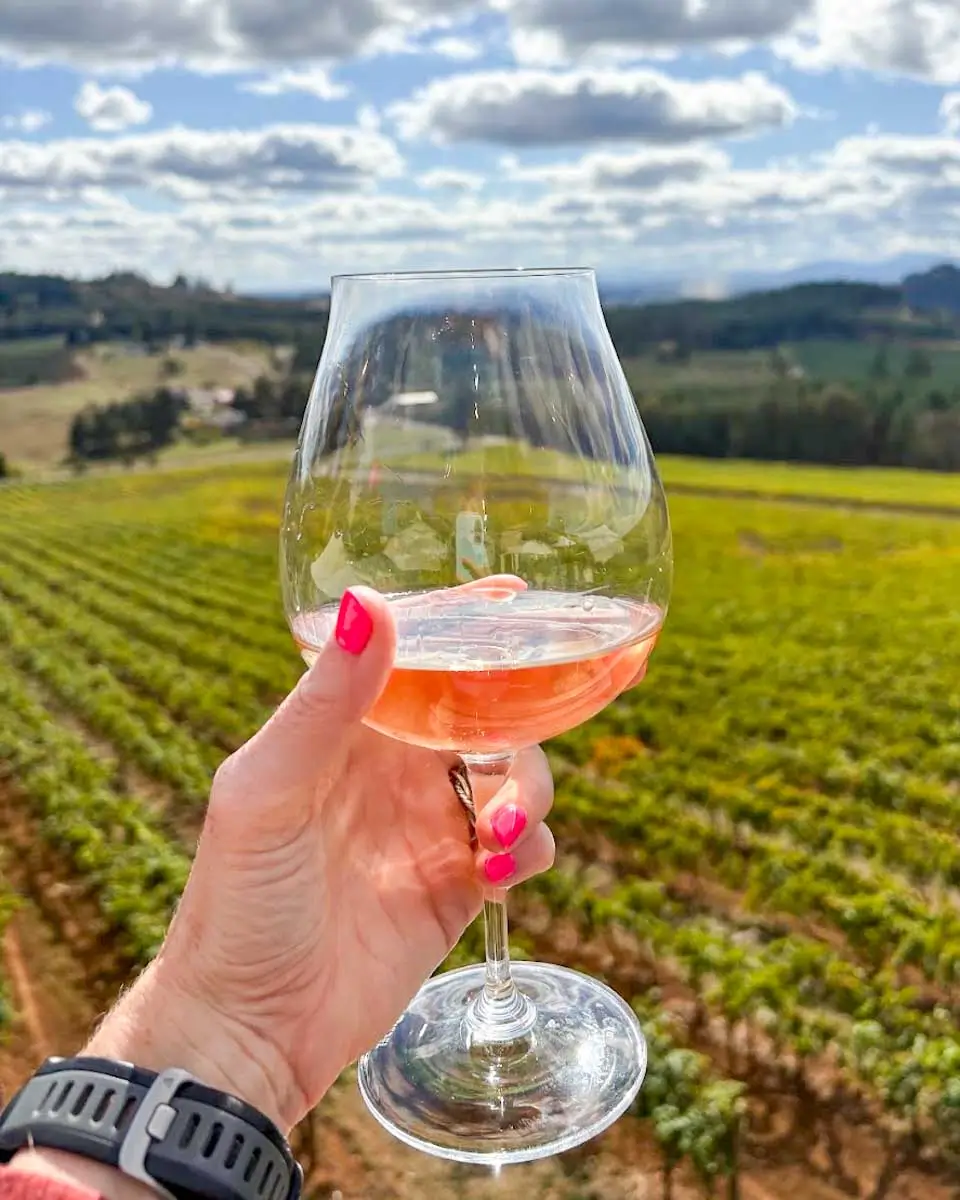 Meghan holding a glass of wine at Willamette Valley in Portland, Oregon