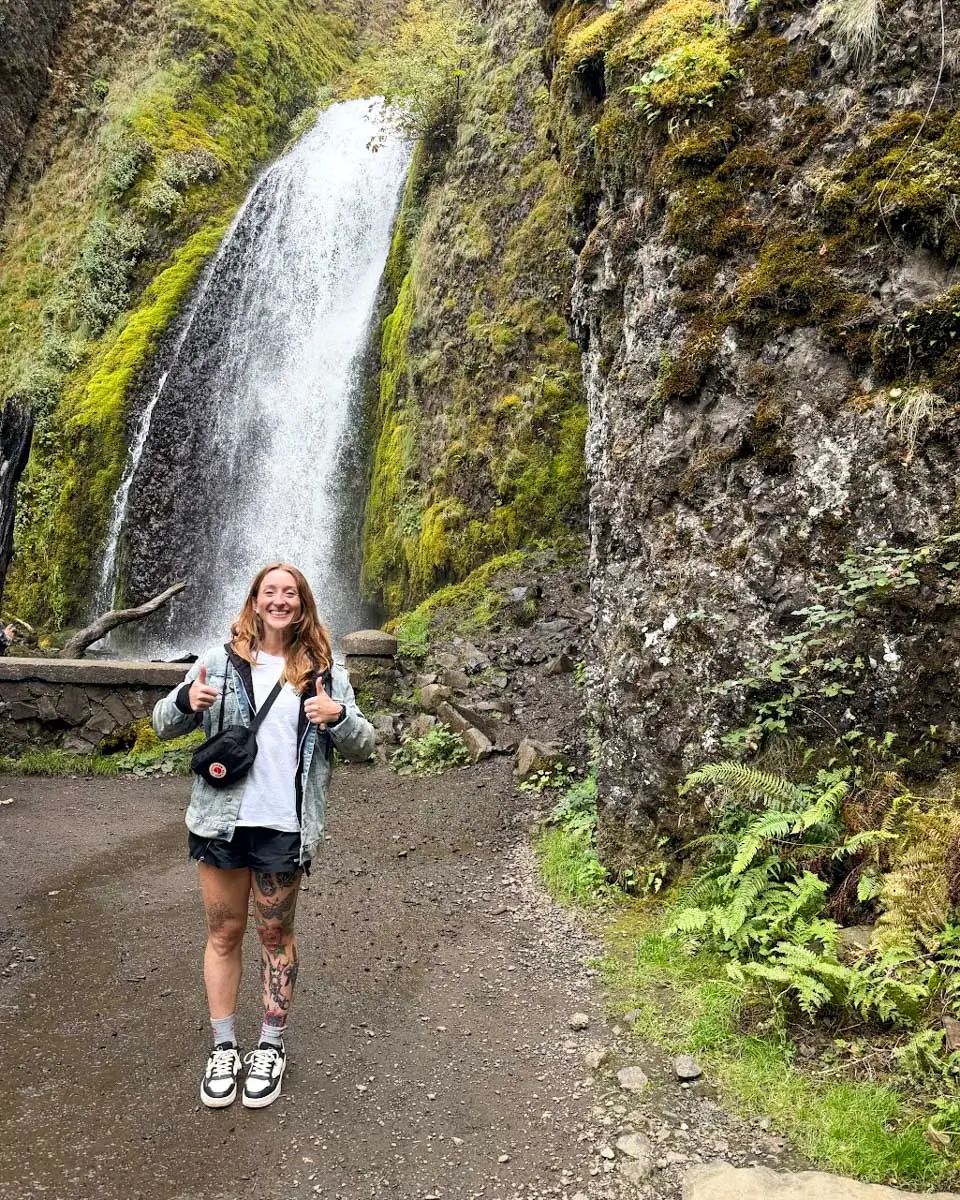 Meghan in front of Wahkeena Falls, Portland, Oregon