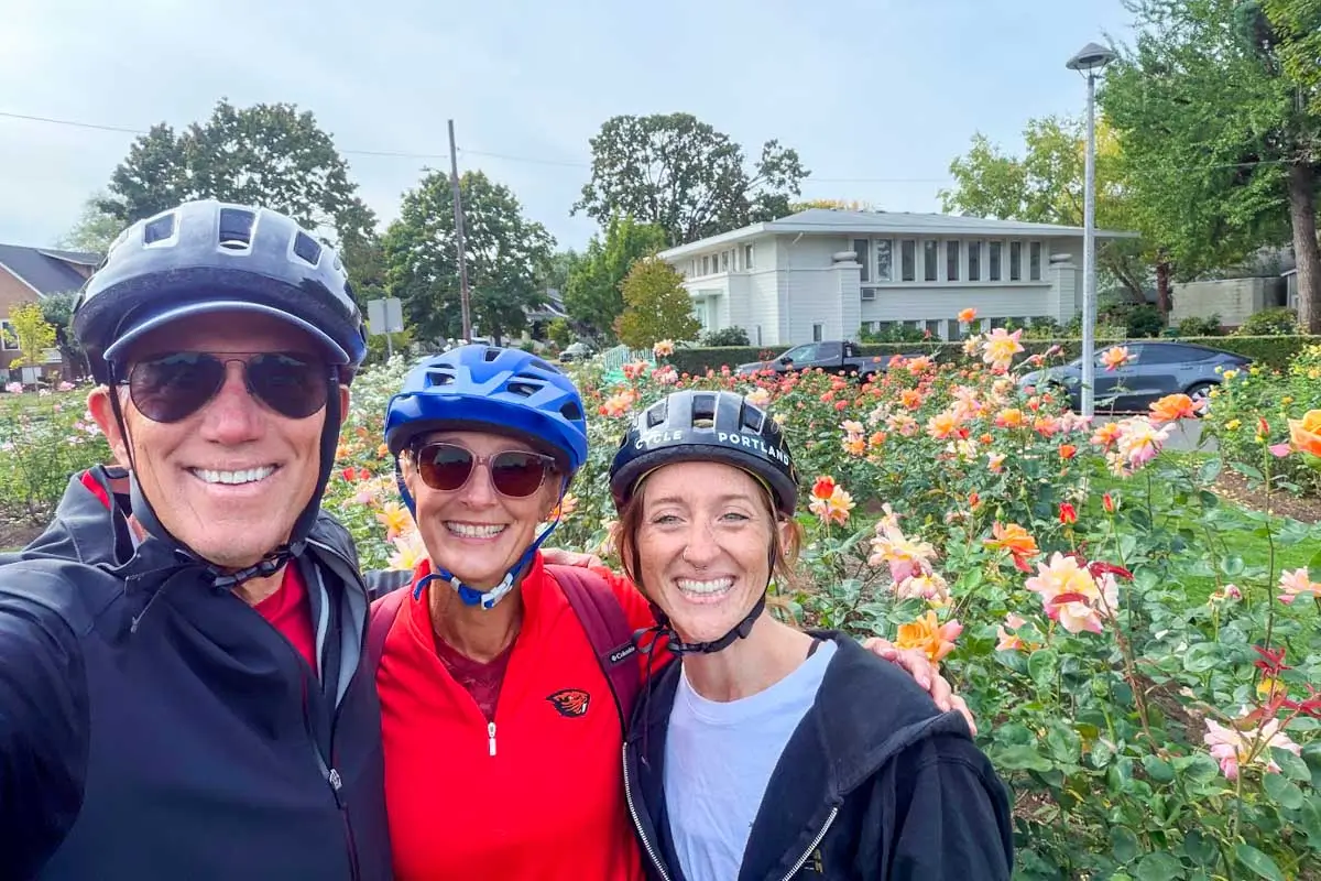 Meghan taking a selfie with her parents on e-bike tour in Portland, Oregon