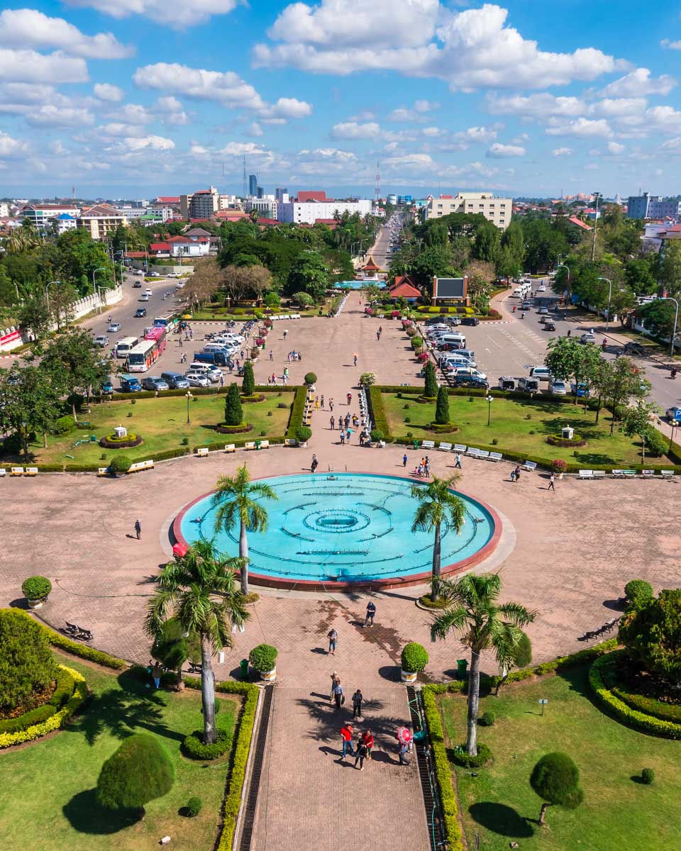 Patuxay park in Vientiane, view from the top of Patuxai Gate