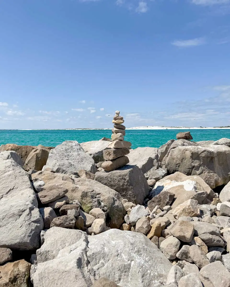 Rocks stacked at Norriego Point, Destin, Florida